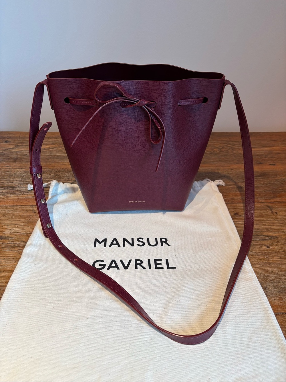 MANSUR GAVRIEL Burgundy Saffiano Leather Drawstring Bucket Crossbody Bag
